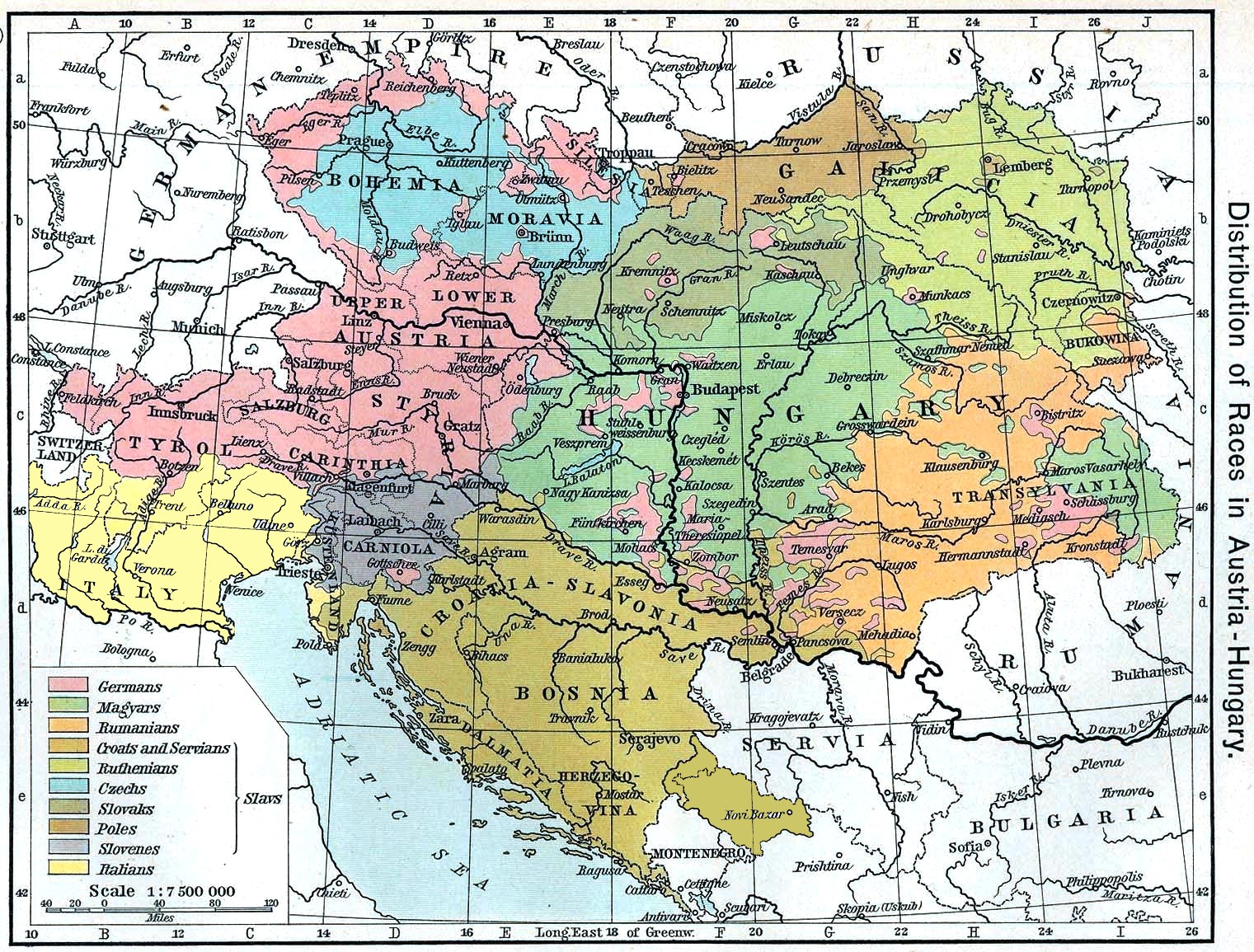 "Distribution of the Races of Austria-Hungary," from the Historical Atlas by William R. Shepherd, 1911