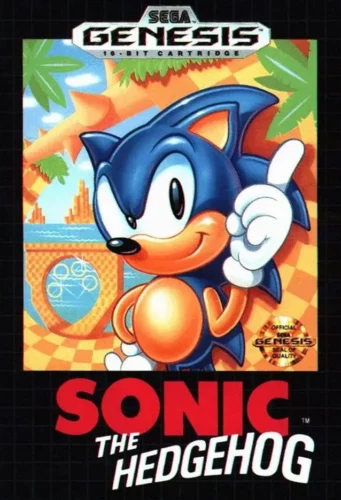 The box art to the first Sonic the Hedgehog game, featuring Sonic looking cool af