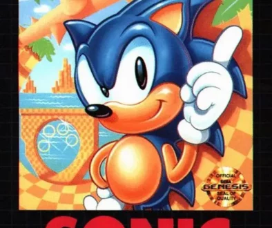 The box art to the first Sonic the Hedgehog game, featuring Sonic looking cool af
