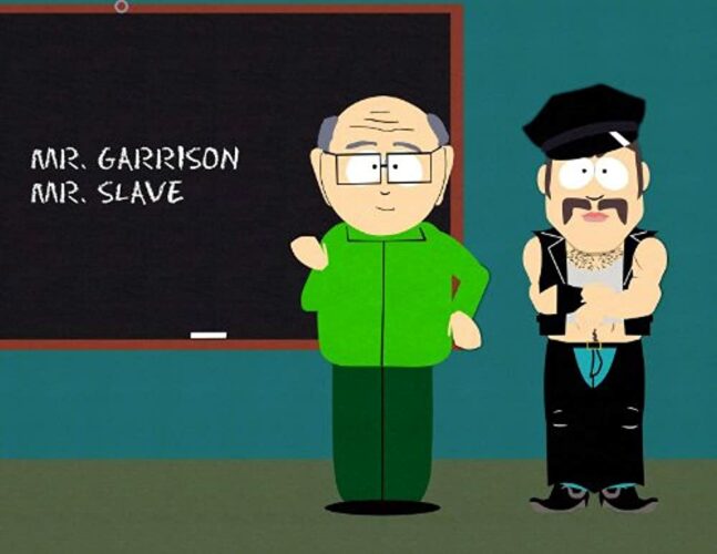 A still from South Park featuring the show's typical homophobic humor