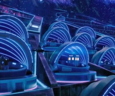 A bunch of blue-lit domes, one of which has the TARDIS in it.